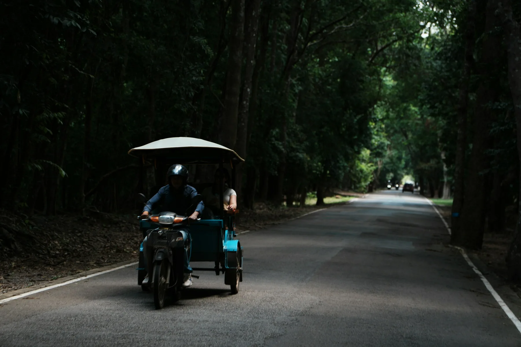 Illustrative photograph of a tuk-tuk on a tree-lined Siem Reap road; not Kheang or his vehicle